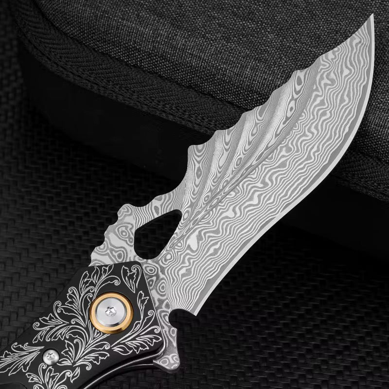 Damascus Knife - Specter Handmade Japanese VG10 Damascus Pocket Knife with Sheath & Ebony Wood Handle - Shokunin USA