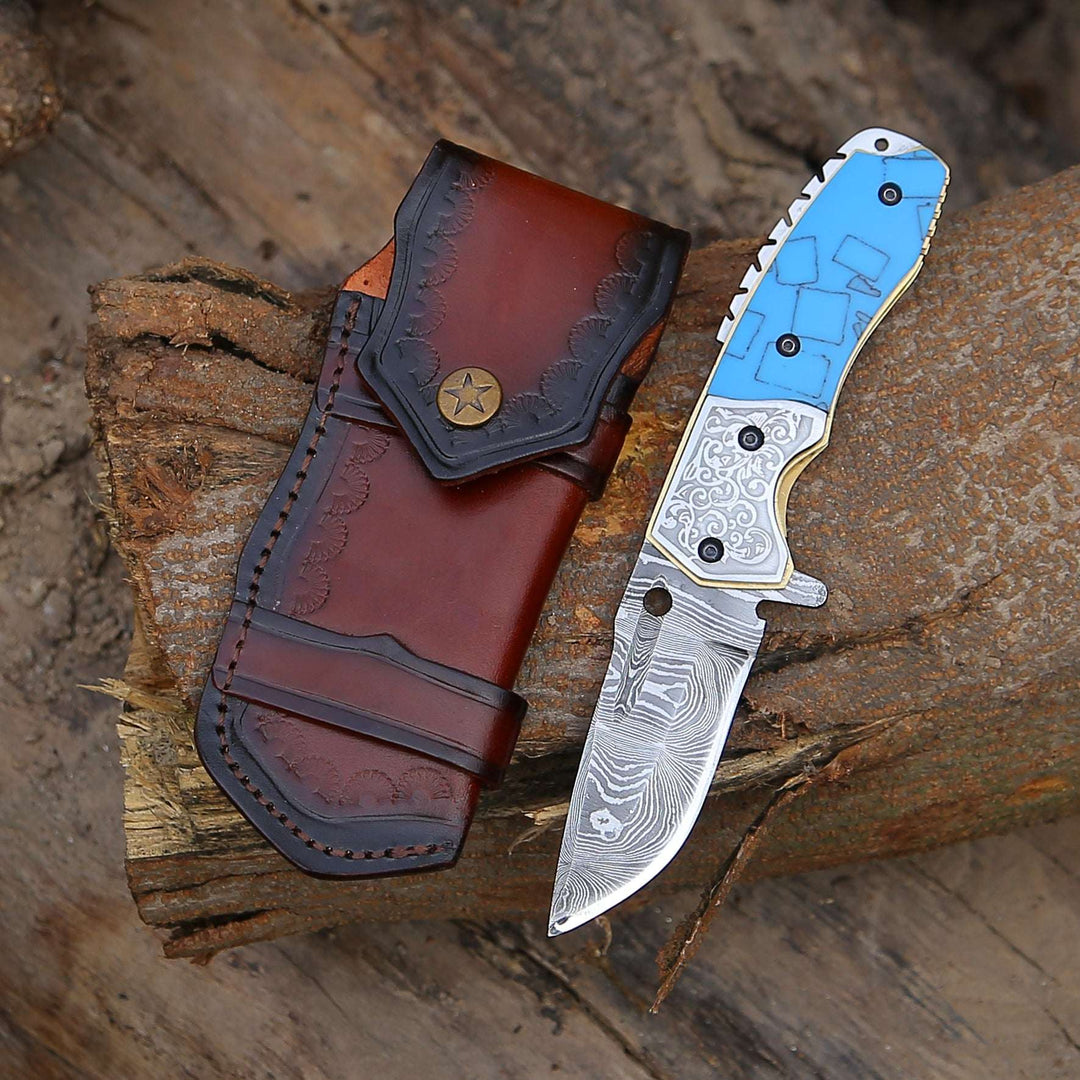 Damascus Folding Knife - Reckoner Damascus Folding Knife with Turquoise Resin Handle - Shokunin USA