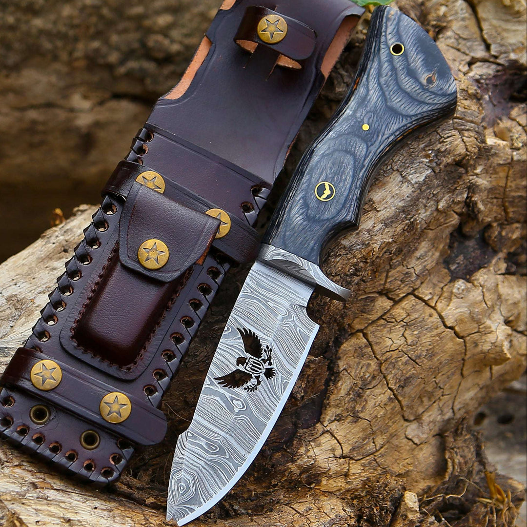 Damascus Knife - Black Reaper 1095 Damascus Hunting Knife with Stained Hardwood Handle & Leather Sheath - Shokunin USA