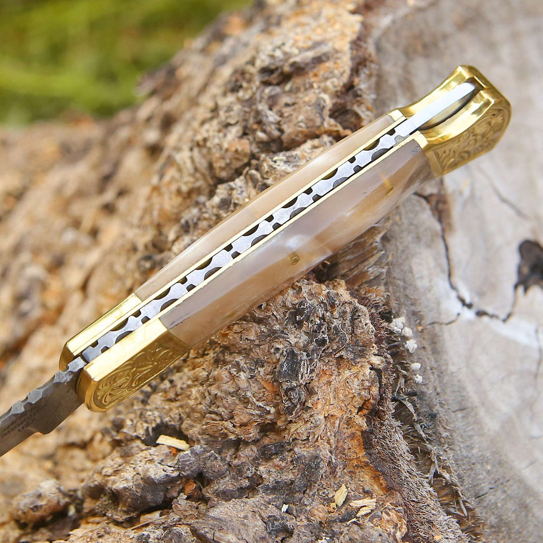 Thunderblade Handmade Damascus Pocket Knife with Leather Sheath &amp; Mother of Pearl Resin