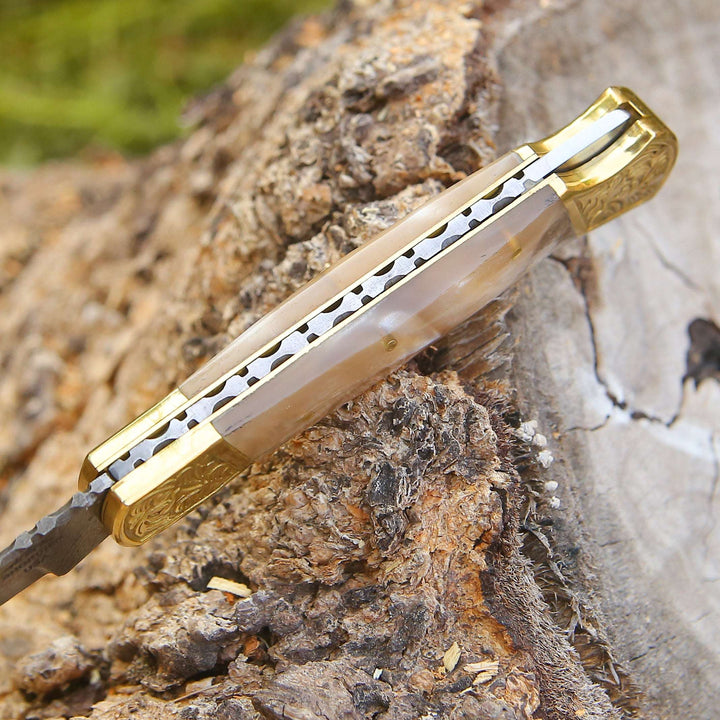 Thunderblade Handmade Damascus Pocket Knife with Leather Sheath &amp; Mother of Pearl Resin