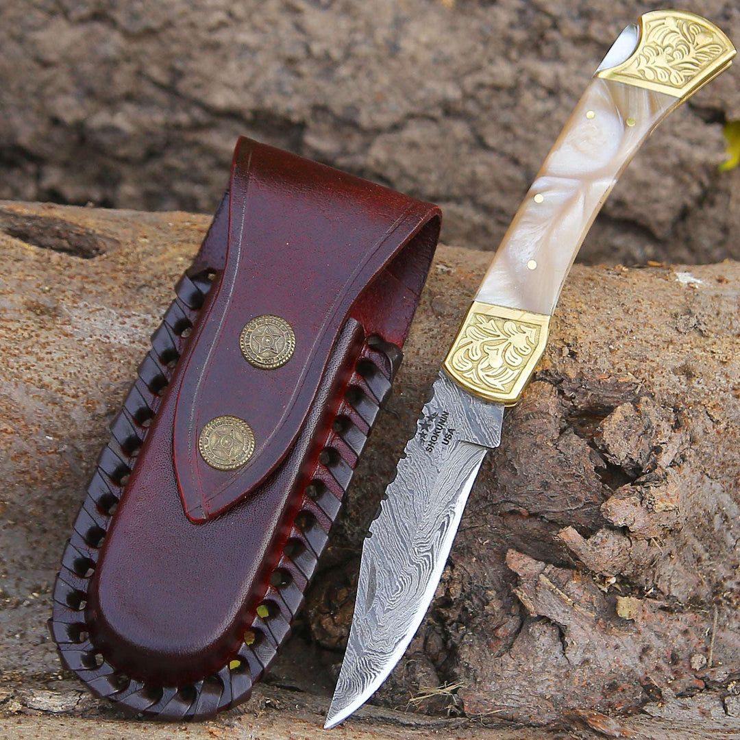 Thunderblade Handmade Damascus Pocket Knife with Leather Sheath &amp; Mother of Pearl Resin