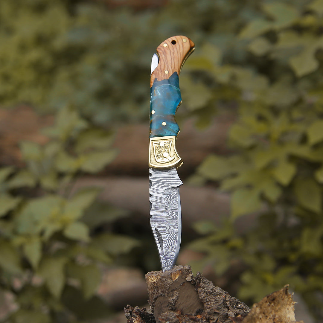 Pocket Knife - Perseus Damascus Pocket Knife with Exotic Olive Wood & Resin Handle - Shokunin USA