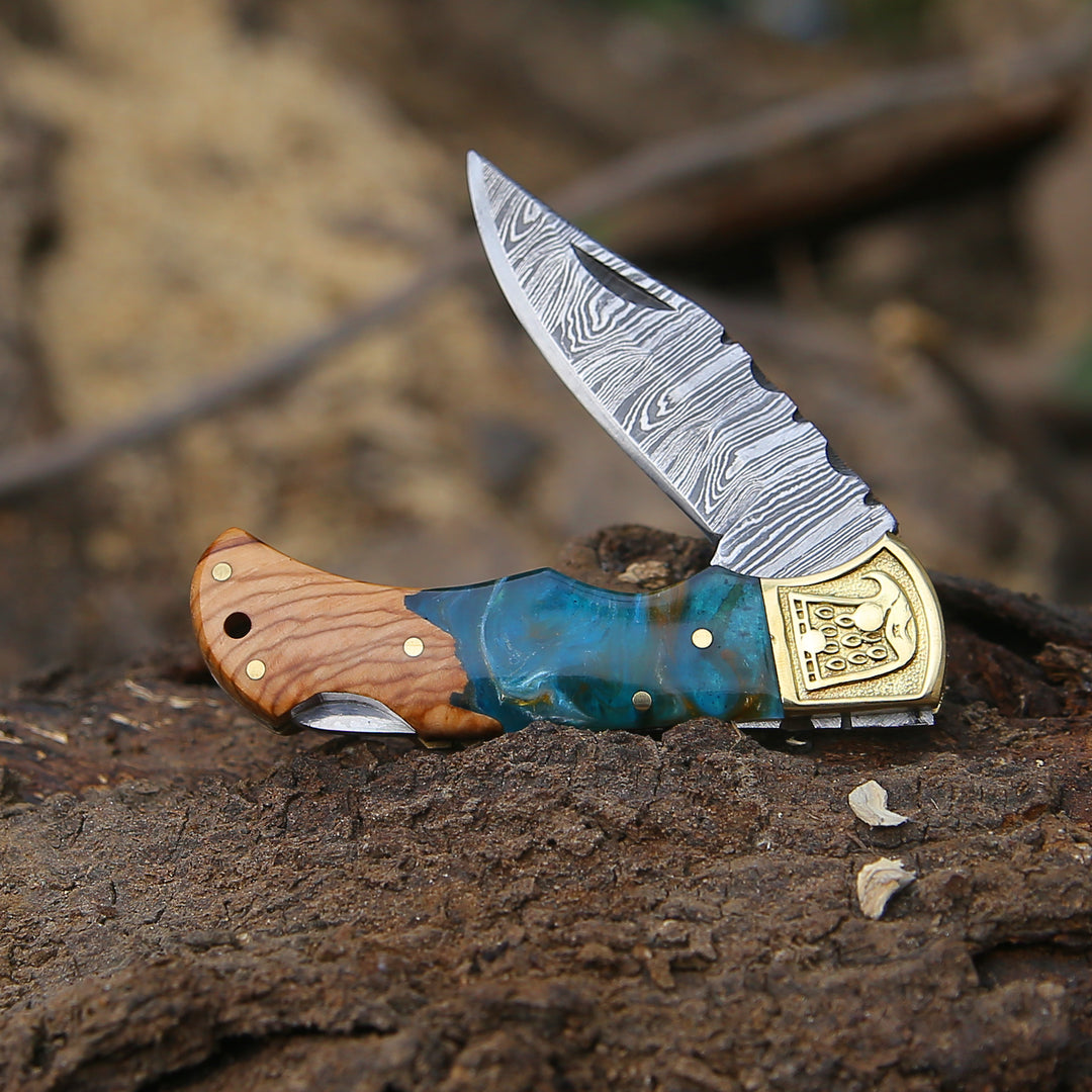 Pocket Knife - Perseus Damascus Pocket Knife with Exotic Olive Wood & Resin Handle - Shokunin USA
