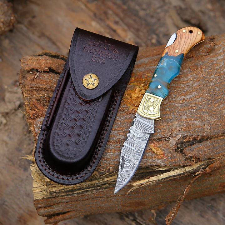Pocket Knife - Perseus Damascus Pocket Knife with Exotic Olive Wood & Resin Handle - Shokunin USA
