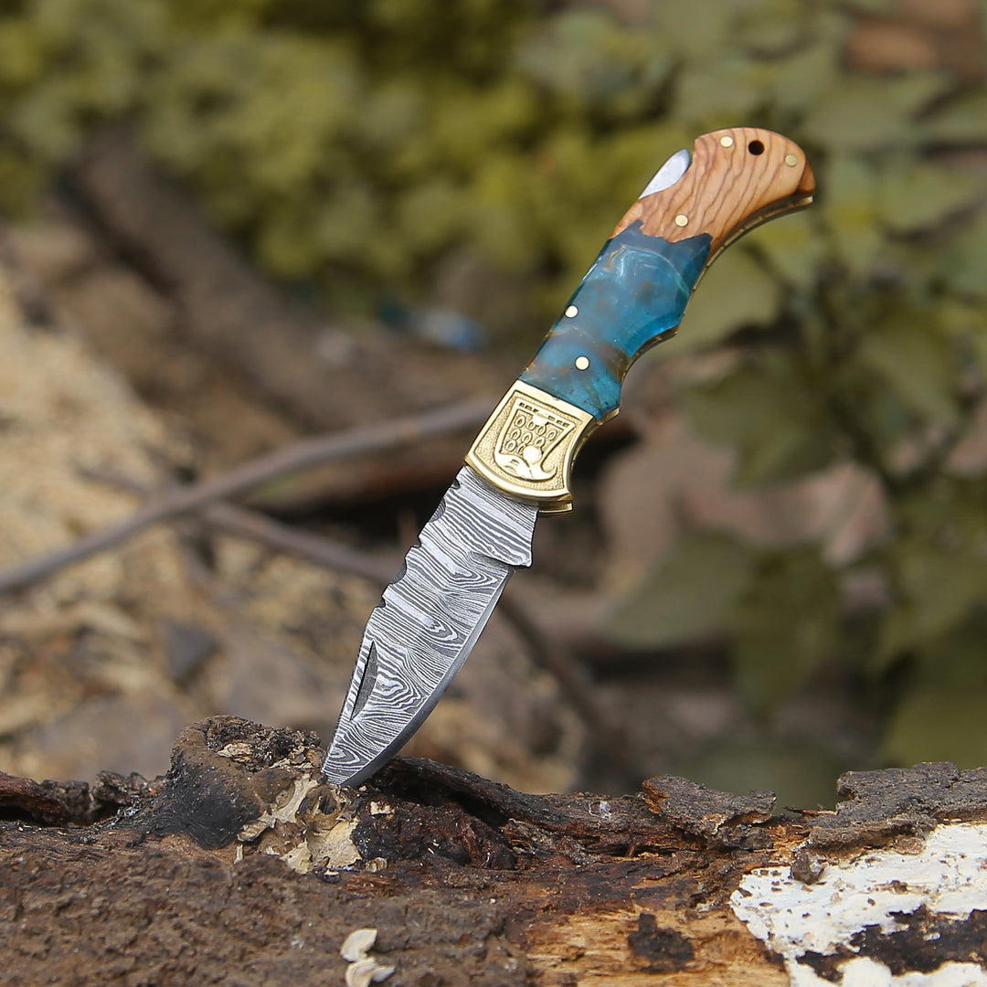 Pocket Knife - Perseus Damascus Pocket Knife with Exotic Olive Wood & Resin Handle - Shokunin USA