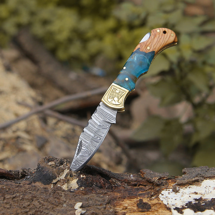 Pocket Knife - Perseus Damascus Pocket Knife with Exotic Olive Wood & Resin Handle - Shokunin USA