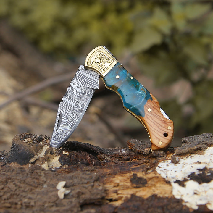 Pocket Knife - Perseus Damascus Pocket Knife with Exotic Olive Wood & Resin Handle - Shokunin USA