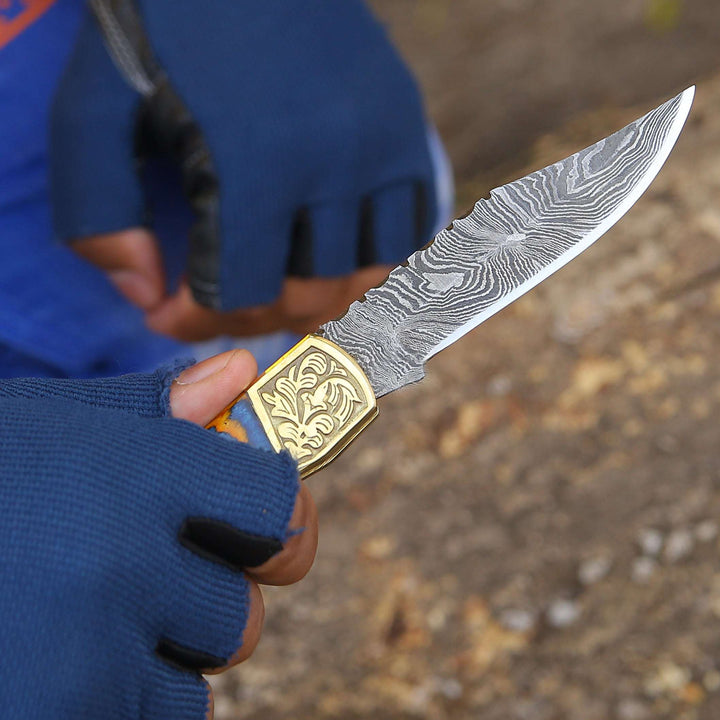 Damascus knife - Thundersteel Handmade Damascus EDC Folding Knife with Leather Sheath & Pakkawood Handle - Shokunin USA