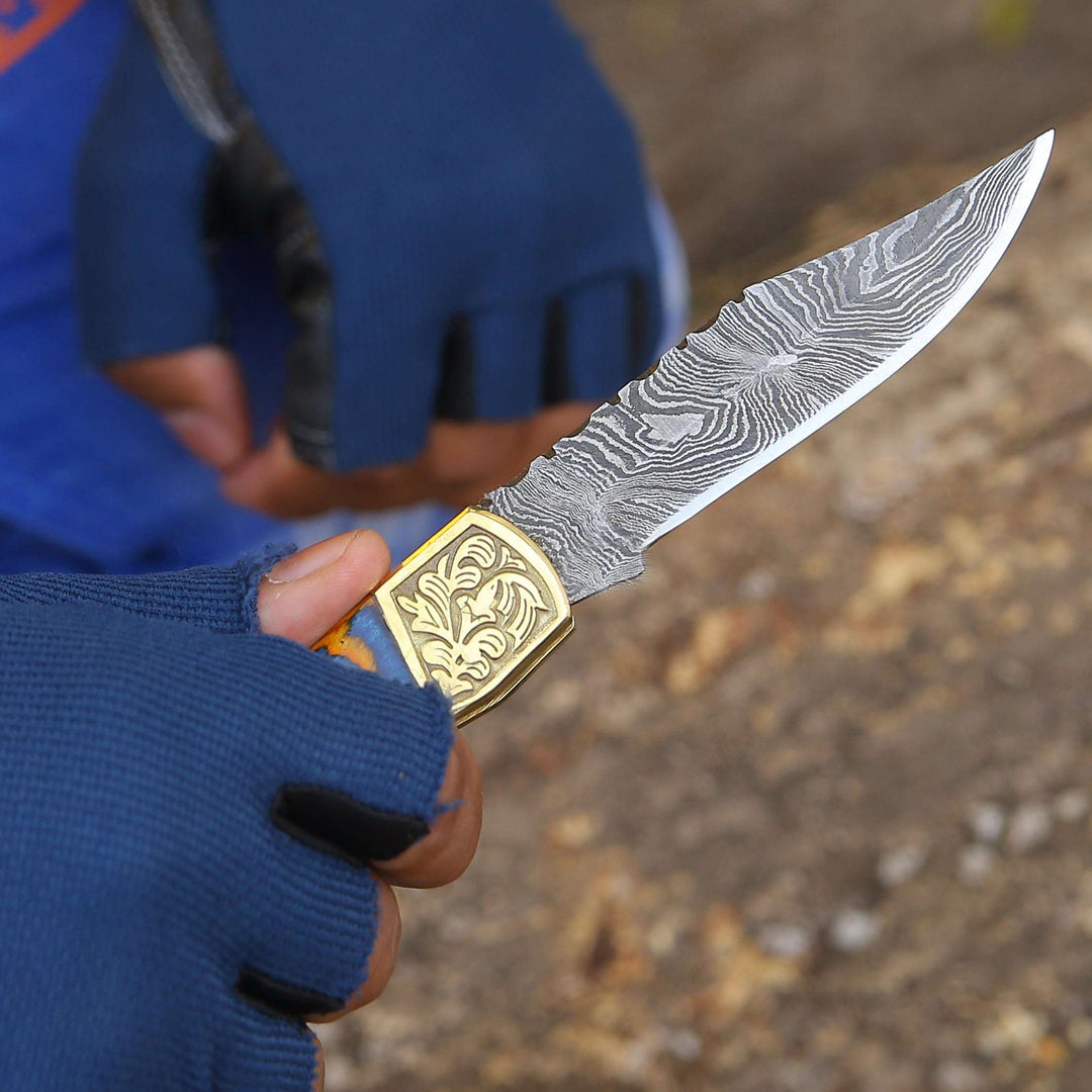 Damascus knife - Thundersteel Handmade Damascus EDC Folding Knife with Leather Sheath &amp; Pakkawood Handle - Shokunin USA