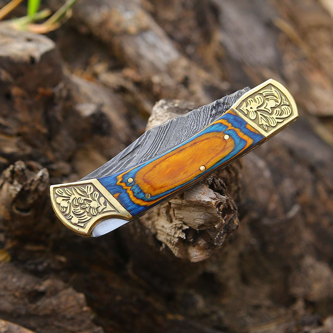 Thundersteel Handmade Damascus EDC Folding Knife with Leather Sheath &amp; Pakkawood Handle