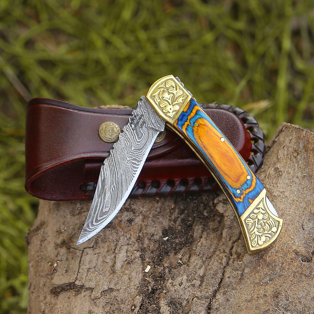Damascus knife - Thundersteel Handmade Damascus EDC Folding Knife with Leather Sheath &amp; Pakkawood Handle - Shokunin USA