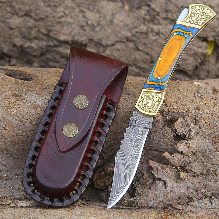 Thundersteel Handmade Damascus EDC Folding Knife with Leather Sheath &amp; Pakkawood Handle
