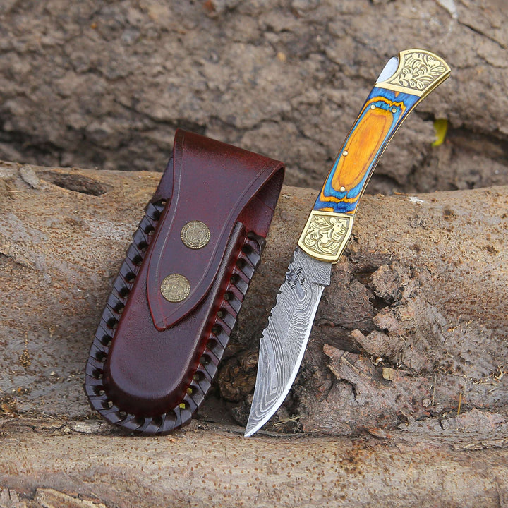 Damascus knife - Thundersteel Handmade Damascus EDC Folding Knife with Leather Sheath &amp; Pakkawood Handle - Shokunin USA