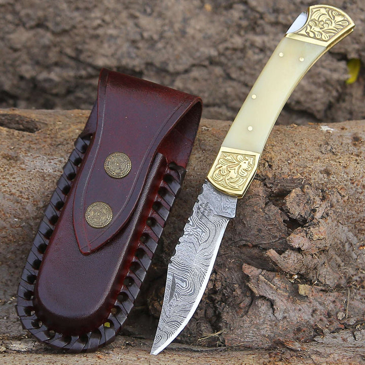 Stormedge Handmade Damascus EDC Pocket Knife with Leather Sheath &amp; Bone Handle