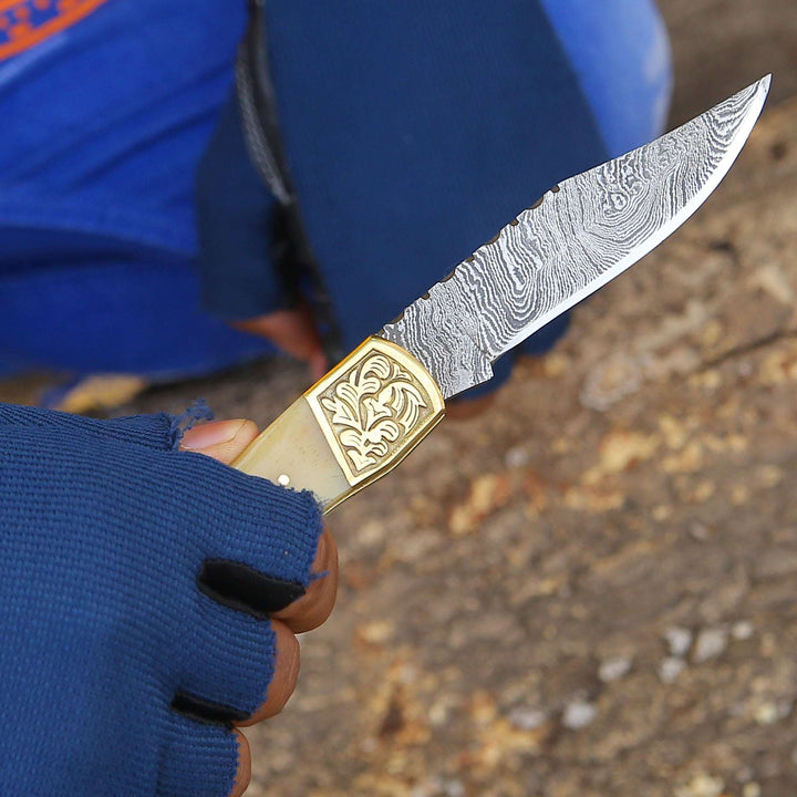 damascus edc knife - Stormedge Handmade Damascus EDC Pocket Knife with Leather Sheath &amp; Bone Handle - Shokunin USA