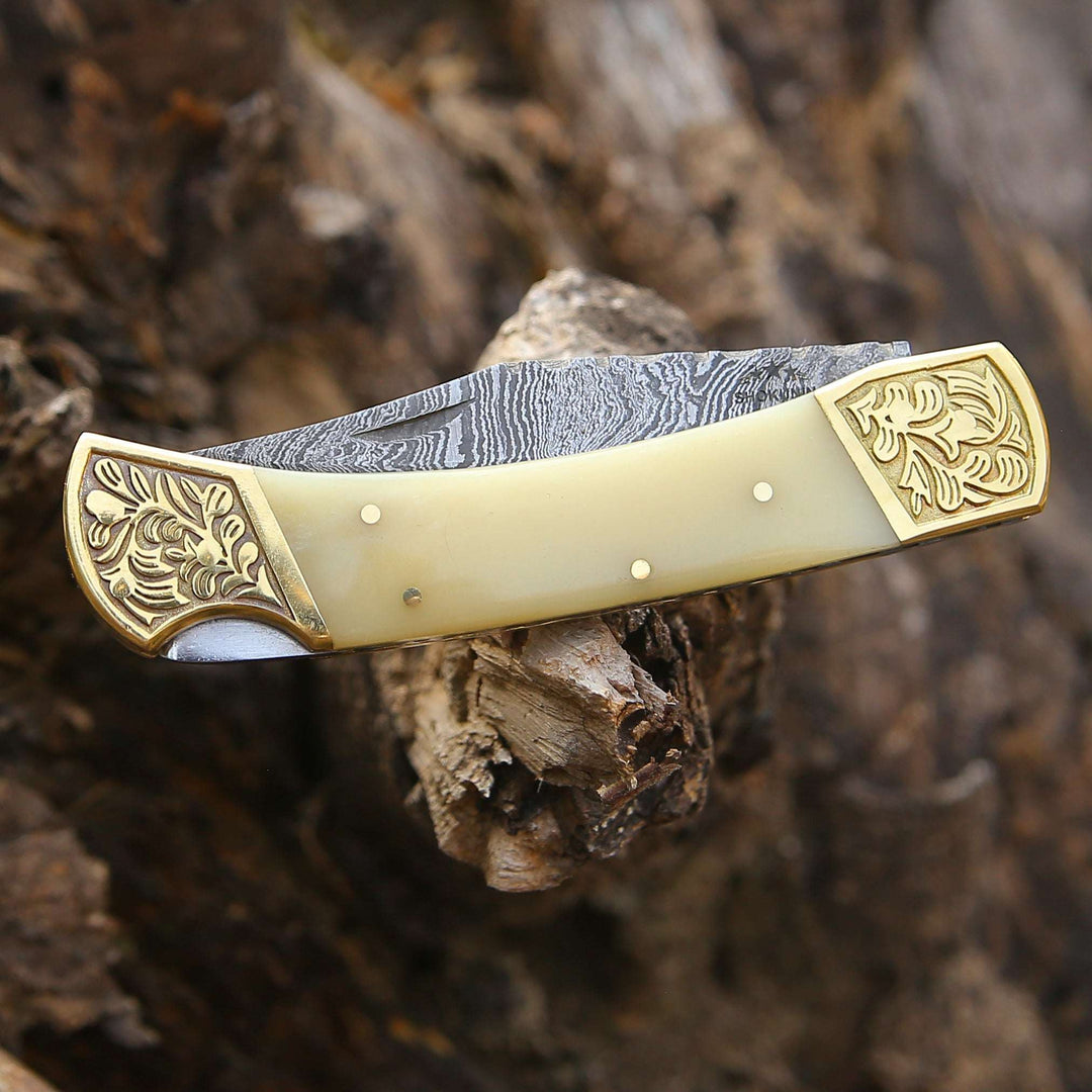 Stormedge Handmade Damascus EDC Pocket Knife with Leather Sheath &amp; Bone Handle