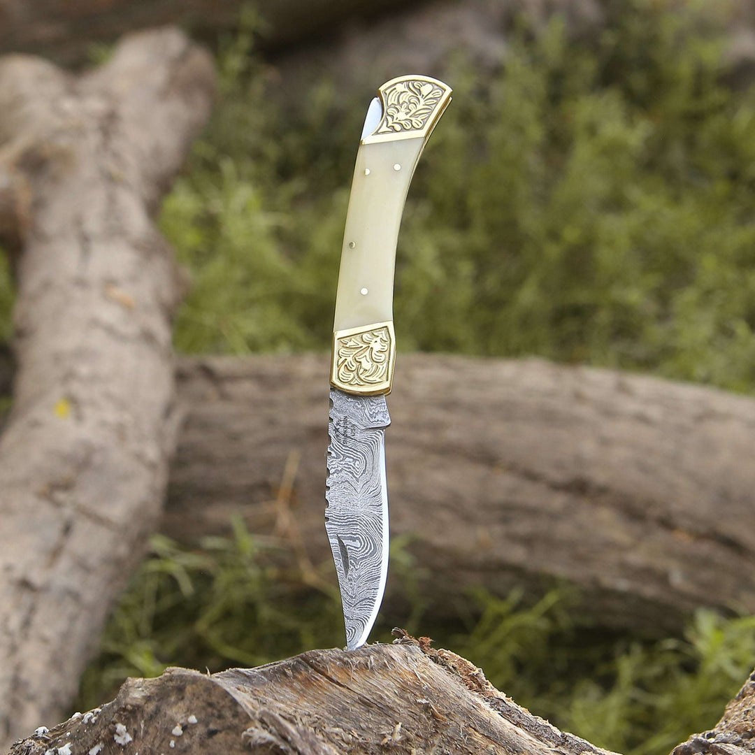 Stormedge Handmade Damascus EDC Pocket Knife with Leather Sheath &amp; Bone Handle