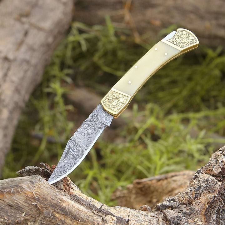 Stormedge Handmade Damascus EDC Pocket Knife with Leather Sheath &amp; Bone Handle