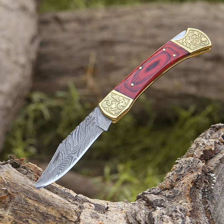 EDC Utility Knife - Edgefire Handmade Damascus EDC Utility Folding Knife with Leather Sheath &amp; Pakka wood - Shokunin USA