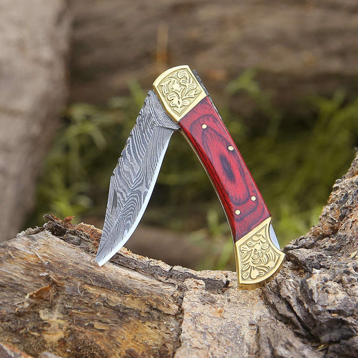 Edgefire Handmade Damascus EDC Utility Folding Knife with Leather Sheath &amp; Pakka wood