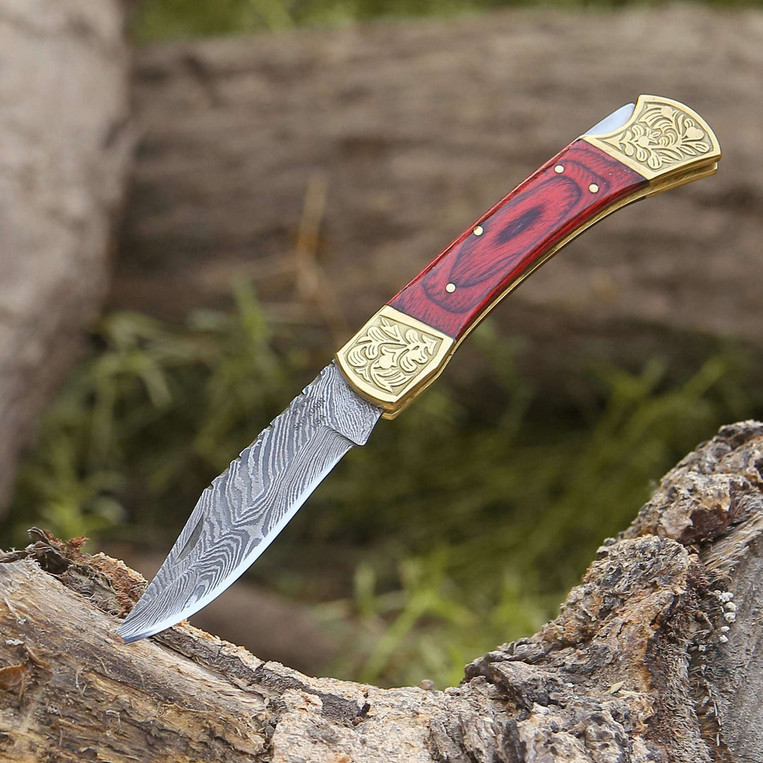 Edgefire Handmade Damascus EDC Utility Folding Knife with Leather Sheath &amp; Pakka wood