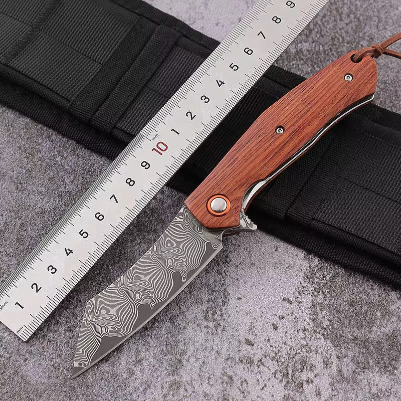Damascus Knife - Dominator Japanese VG10 Damascus Pocket Knife with Sandalwood Handle & Sheath - Shokunin USA
