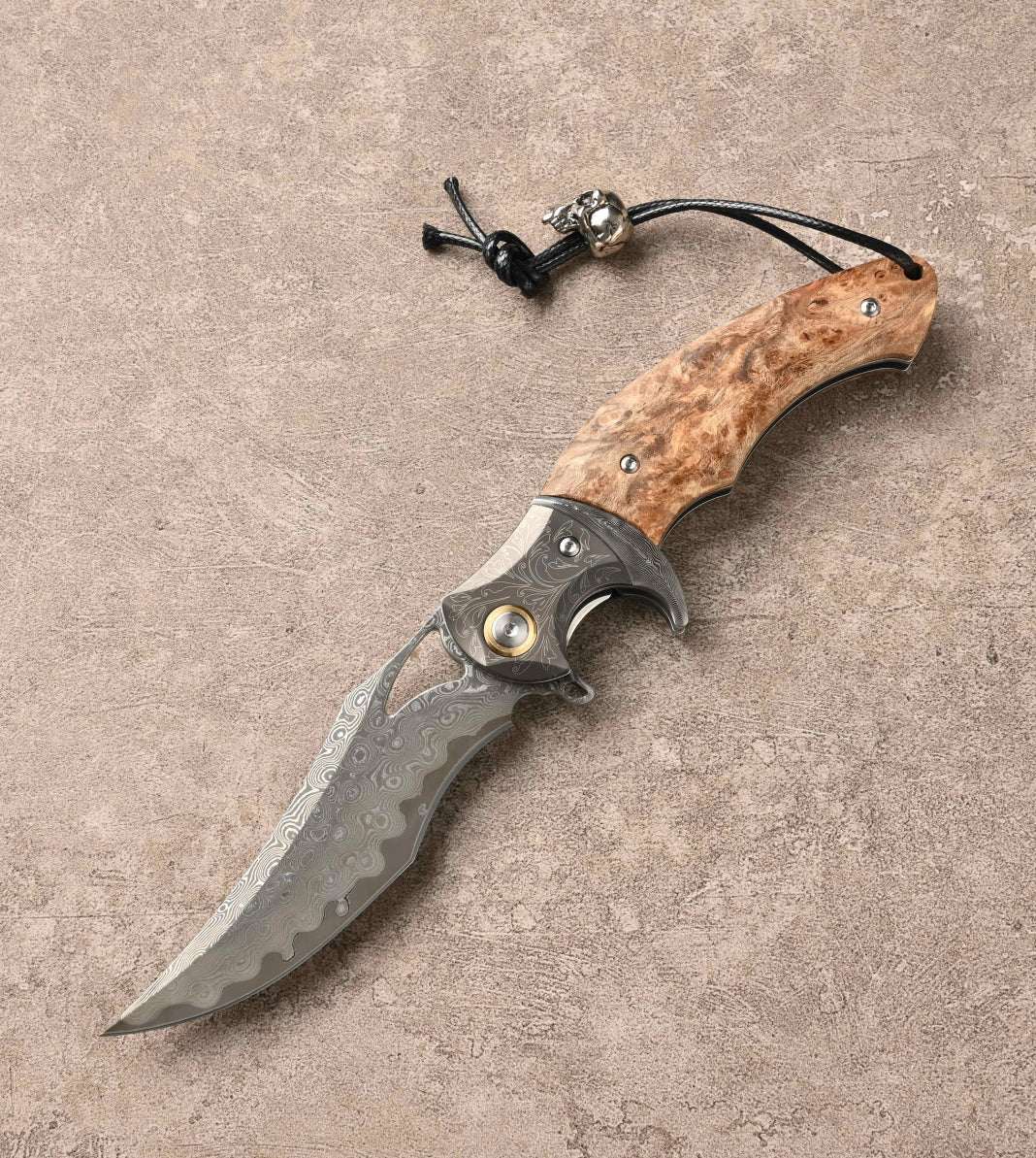 Damascus Knife - Crest Japanese Damascus Pocket knife with Maple Burl Handle - Shokunin USA