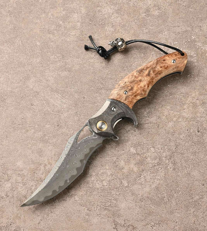 Damascus Knife - Crest Japanese Damascus Pocket knife with Maple Burl Handle - Shokunin USA