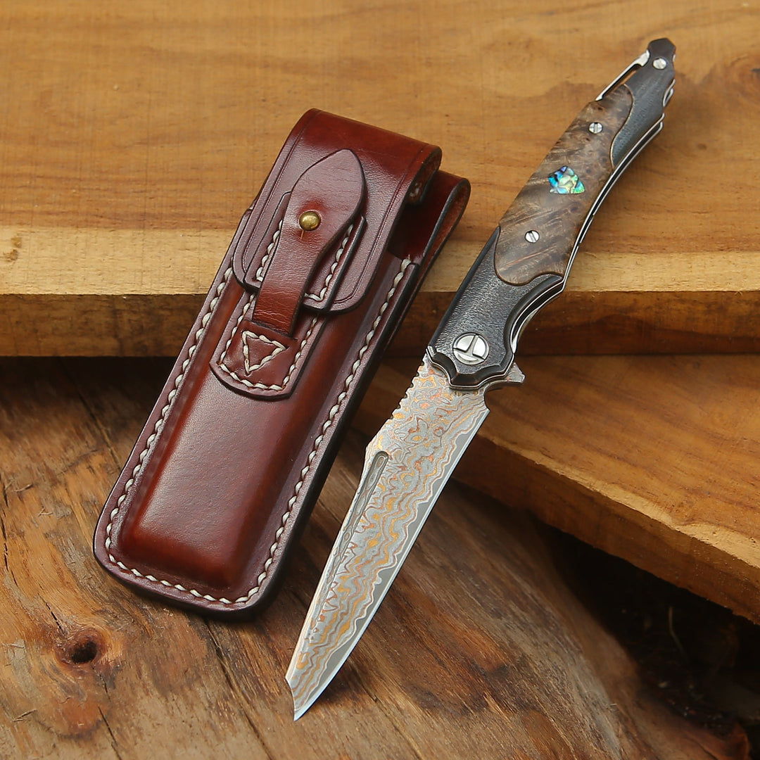 Damascus Pocket Knife - Ironhide Damascus Pocket Knife with stained maple burl handle - Shokunin USA