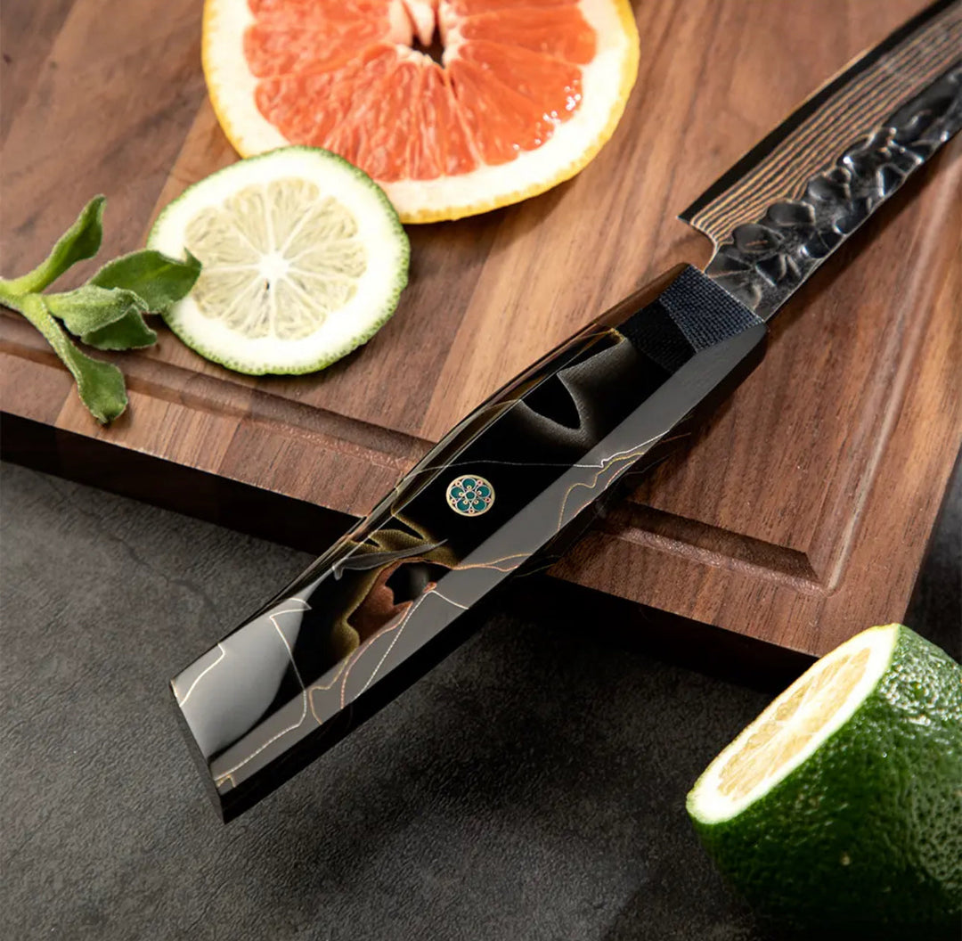 Majestic Chef Knife - Majestic Japanese Copper Damascus Chef Knife with Rare Raffir Noble Handle Handle - Shokunin USA