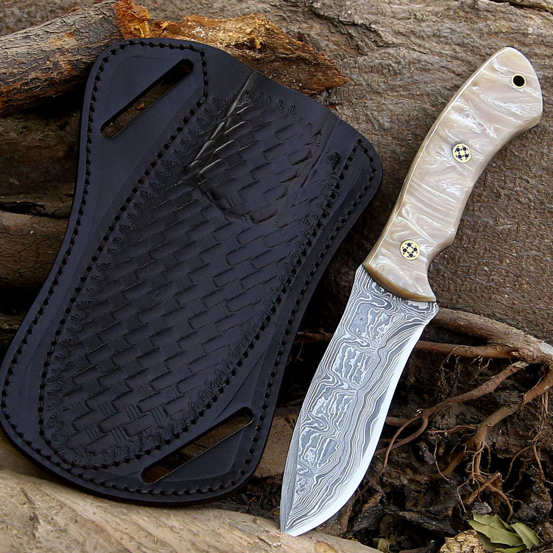 Damascus Knife - Breeze Hunting Knife with Mother of Pearl Resin Handle - Shokunin USA