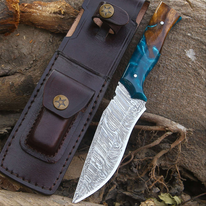 Zephyr Damascus Hunting Knife with Exotic Rose Wood &amp; Resin Handle