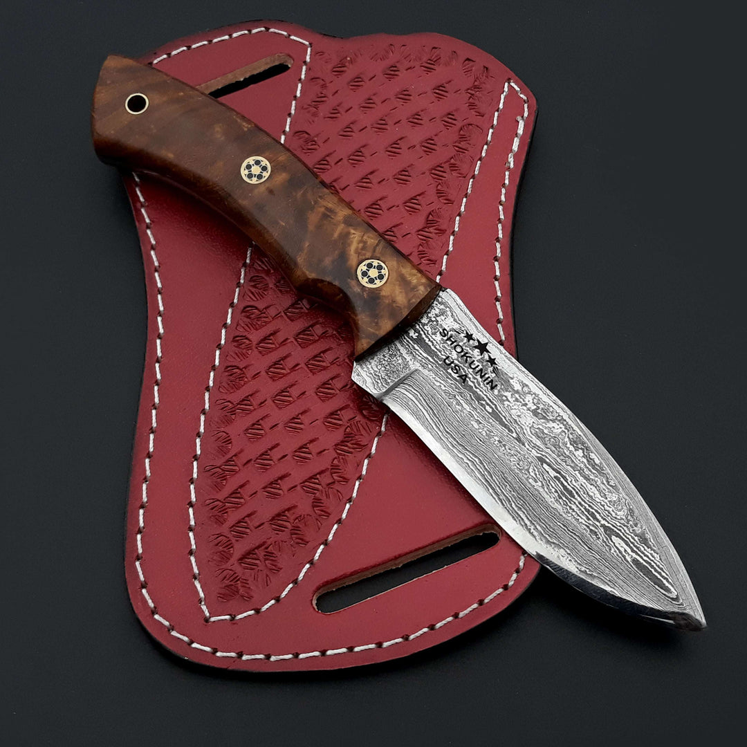 personalized hunting knife - Sky piercer Hunting Knife 1095 Damascus Steel with Rosewood Handle &amp; Leather Sheath - Shokunin USA