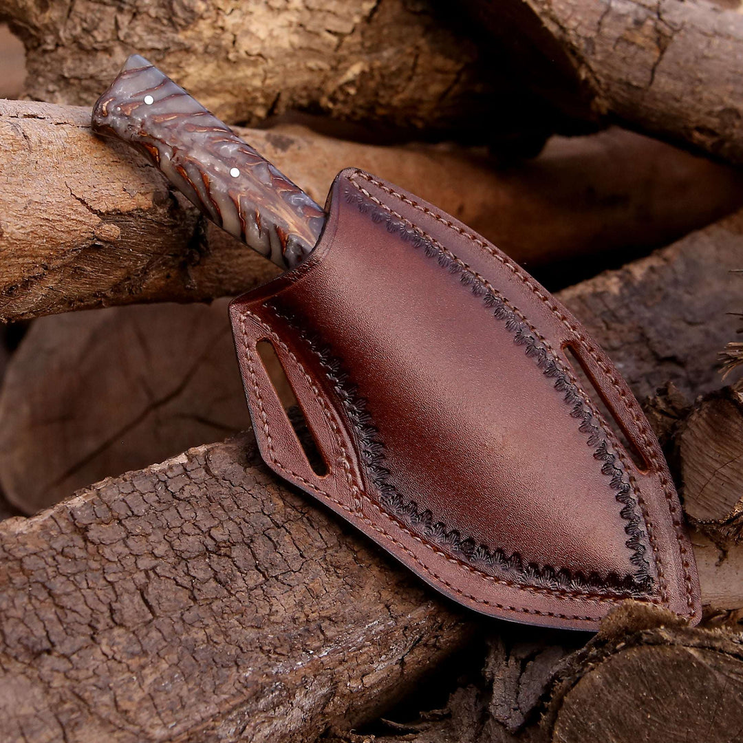 Hunting Knife - Golden Reaper Damascus Steel Fixed Blade Hunting Knife with Pine Cone handle &amp; Leather Sheath - Shokunin USA