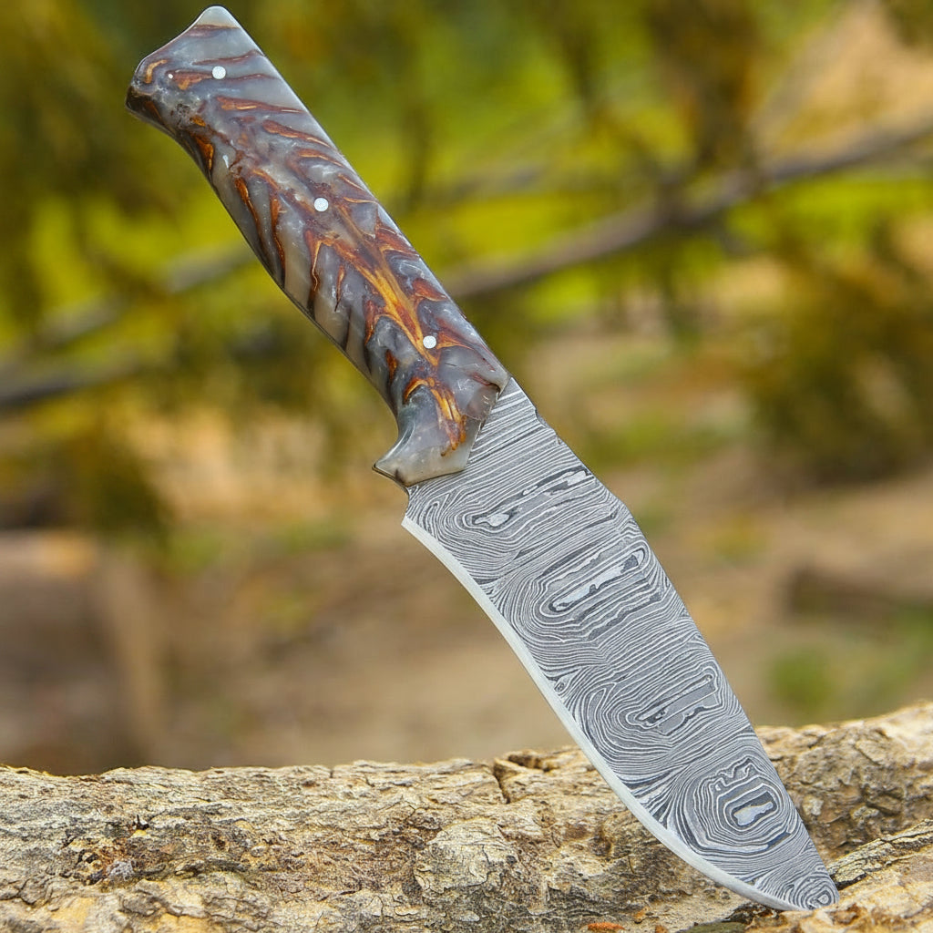 Hunting Knife - Golden Reaper Damascus Steel Fixed Blade Hunting Knife with Pine Cone handle &amp; Leather Sheath - Shokunin USA