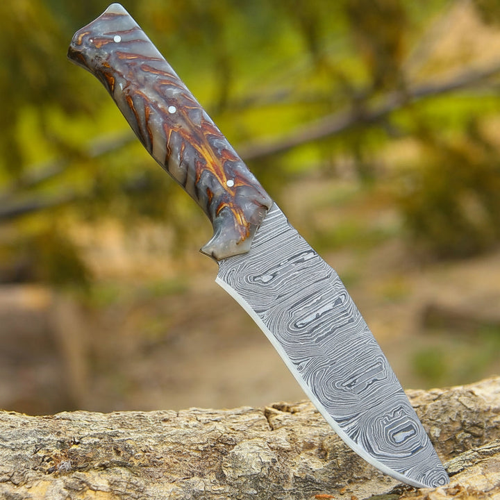 Hunting Knife - Golden Reaper Damascus Steel Fixed Blade Hunting Knife with Pine Cone handle &amp; Leather Sheath - Shokunin USA