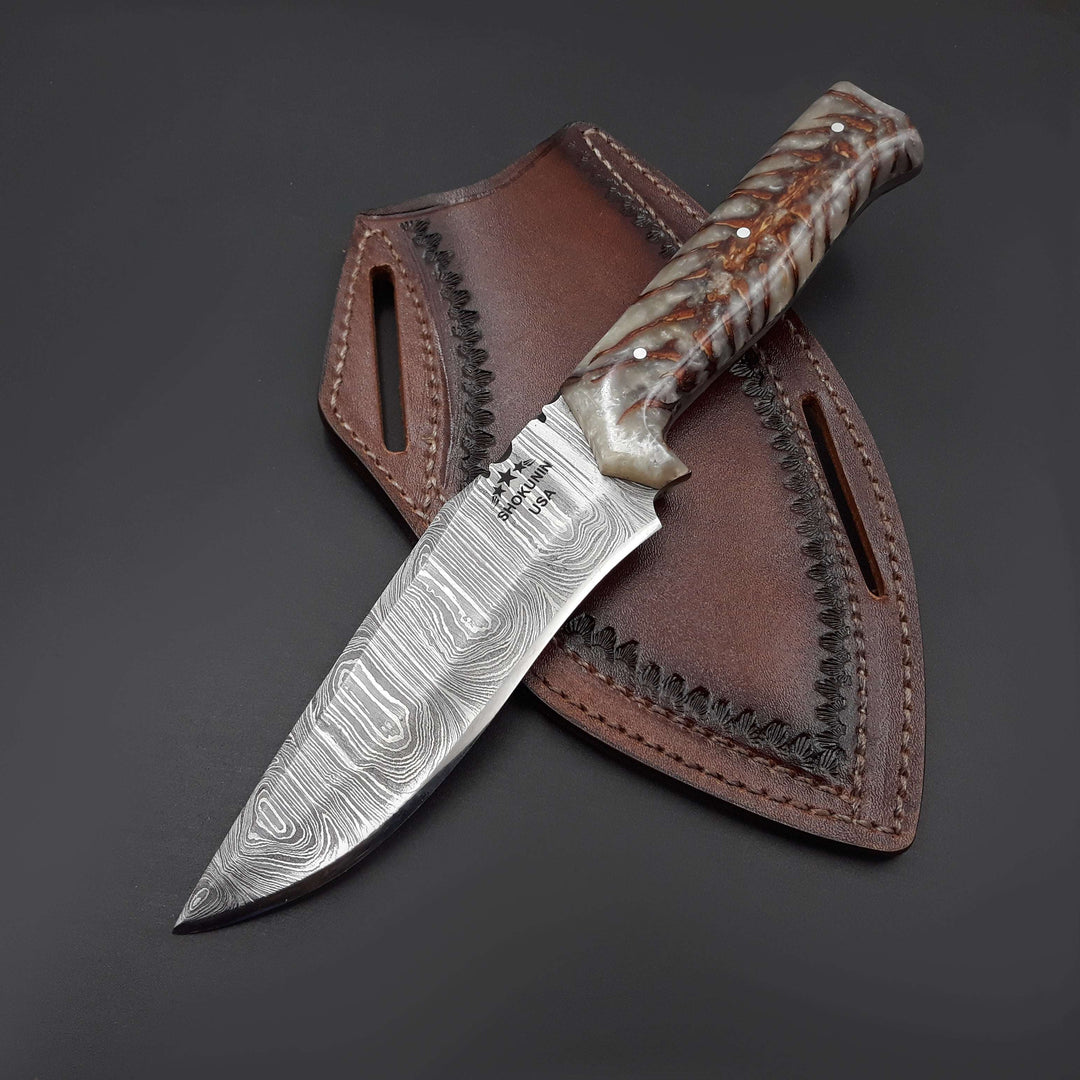 Hunting Knife - Golden Reaper Damascus Steel Fixed Blade Hunting Knife with Pine Cone handle &amp; Leather Sheath - Shokunin USA