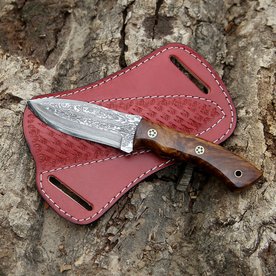 Knife with wooden handle and Damascus steel blade in a red leather sheath on tree bark.