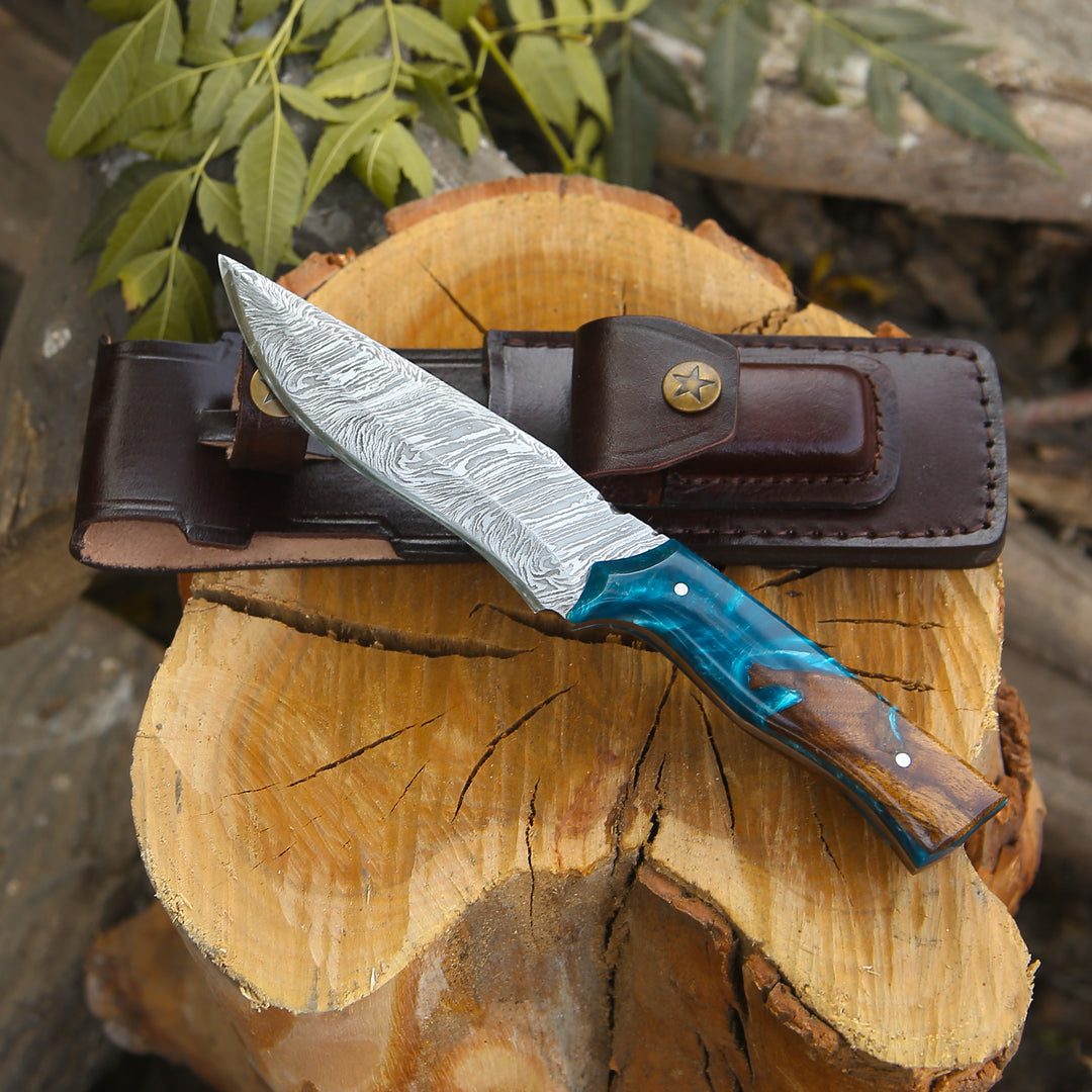 Damascus Knife - Zephyr Hunting Knife with Exotic Rose Wood & Resin Handle - Shokunin USA