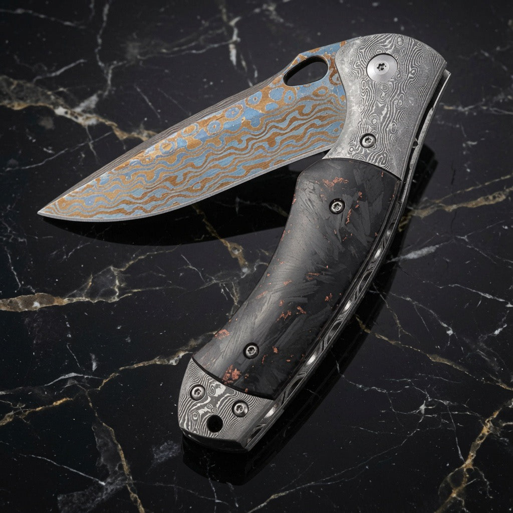 Damascus Knife - Centurion Titanium Damascus (Timascus) Pocket Knife with Carbon Fiber Handle & Sheath - Shokunin USA