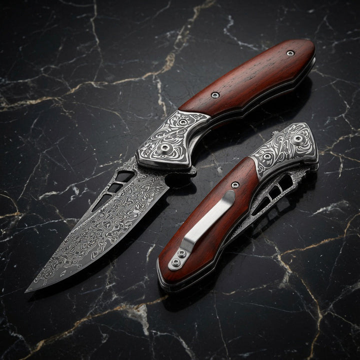 Pocket knife - Artemis Japanese VG10 Damascus Pocket Knife with Clip &amp; Exotic Red Sandal Wood Handle - Shokunin USA