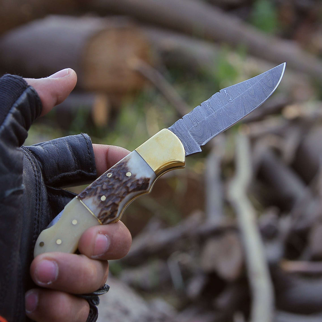 Antler Edge Damascus Pocket Knife with Staghorn &amp; Bone Handle