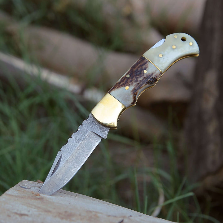 Antler Edge Damascus Pocket Knife with Staghorn &amp; Bone Handle