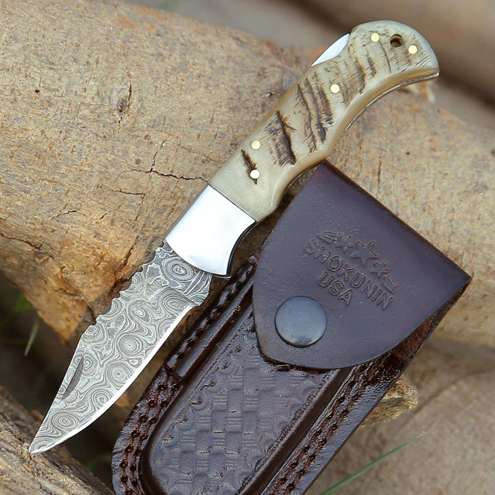 Ram Damascus Pocket Knife with Exotic Ram Horn Handle &amp; Leather Sheath