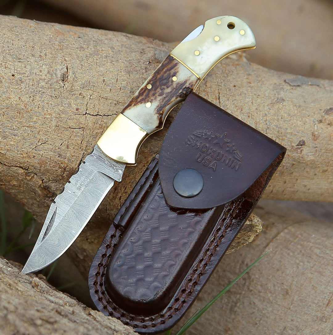 Pocket Knife - Antler Edge Damascus Pocket Knife with Staghorn & Bone Handle - Shokunin USA
