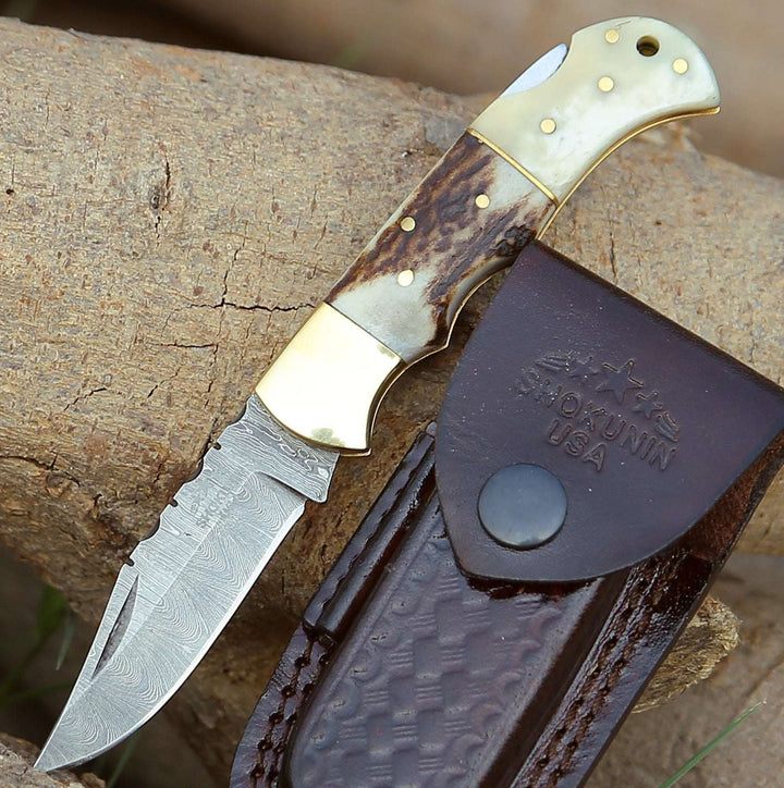 Antler Edge Damascus Pocket Knife with Staghorn &amp; Bone Handle