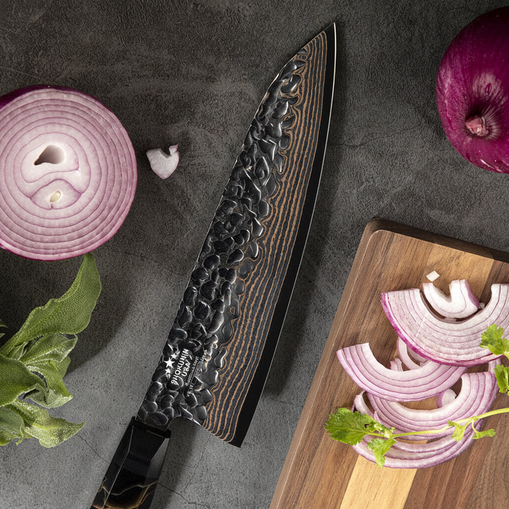 Chef Knife - Majestic Japanese Copper Damascus Chef Knife with Rare Raffir Noble Handle Handle - Shokunin USA