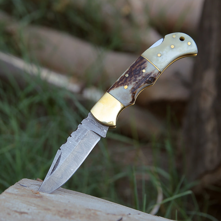 Pocket Knife - Antler Edge Damascus Pocket Knife with Staghorn & Bone Handle - Shokunin USA