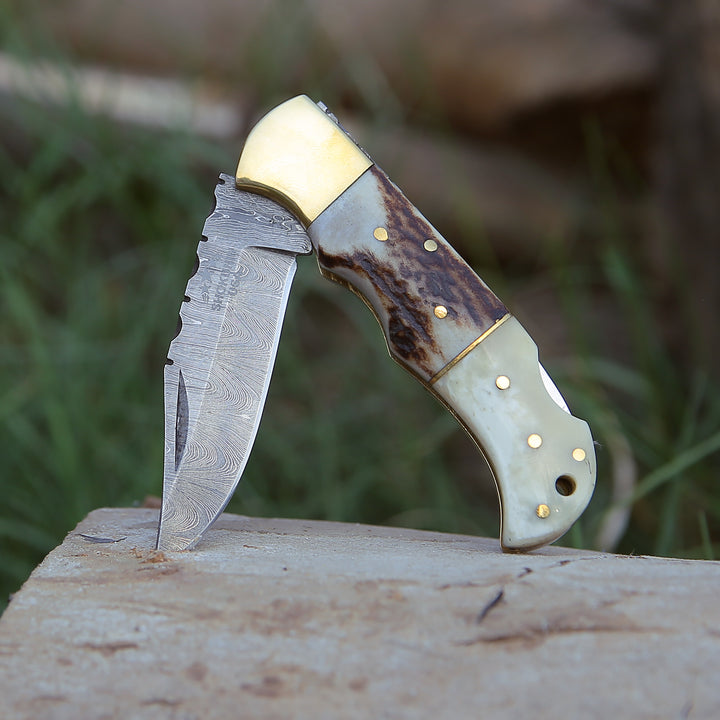 Pocket Knife - Antler Edge Damascus Pocket Knife with Staghorn & Bone Handle - Shokunin USA